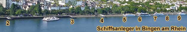 Luftaufnahme vom Rheinufer bei Bingen mit 9 numerierten Schiffsanlegern
