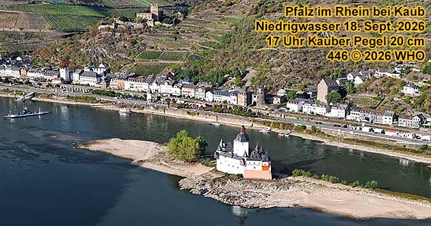 Pfalz im Rhein bei Kaub: Niedrigwasser am 18. September 2026, 17 Uhr bei Pegel Kaub 20 cm.
