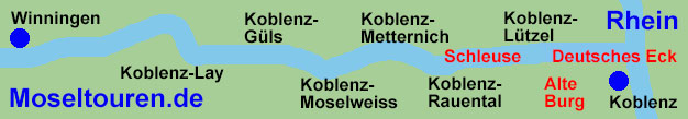 Landkarte mit dem Mosellauf und der Fahrstrecke der Rhein- und Moselschifffahrt zwischen Koblenz und Winningen