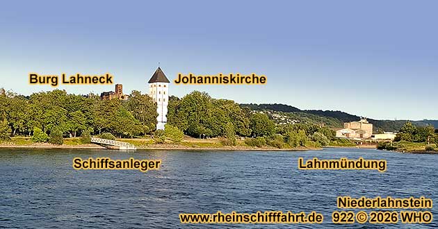 Schiffsanleger der Rheinschifffahrt in Niederlahnstein mit Johanniskirche, Burg Lahneck und Lahnm�ndung