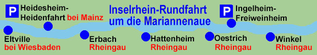 Inselrhein-Rundfahrt zwischen Rheingau und Rheinhessen zwischen Oestrich-Winkel bzw. Ingelheim-Freiweinheim und Eltville rund um die Naturschutzinsel Mariannenaue