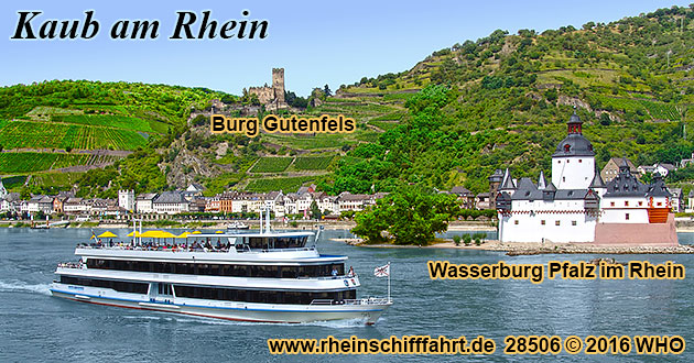 Rheinschifffahrt bei Kaub mit Burg Gutenfels und Zollburg Pfalzgrafenstein im Rhein.