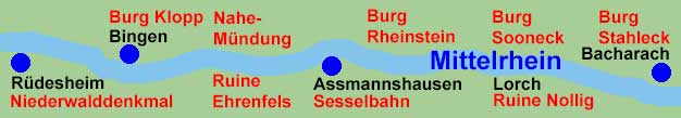 Rheinlauf der Rheinschifffahrt zwischen R�desheim, Bingen, Assmannshausen, Lorch und Bacharach.