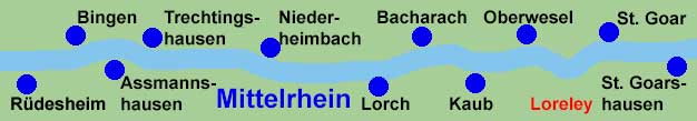 Rheinschifffahrt zwischen Rüdesheim, Bingen, Assmannshausen, Trechtingshausen, Niederheimbach, Lorch, Bacharach, Kaub, Oberwesel, Loreley, St. Goar und St. Goarshausen.
